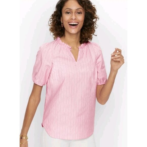 Talbots Womens Shirt Plus Size 3X Pink Striped Short Sleeve Ruffle Blouse Top - Picture 2 of 10